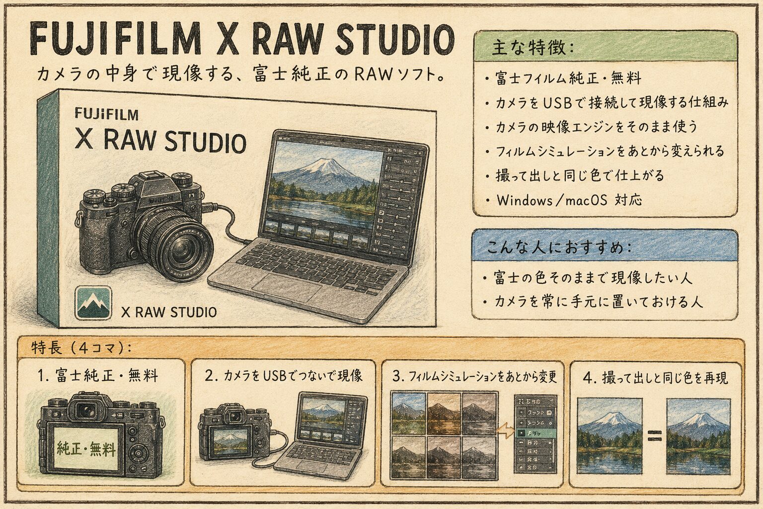 富士フイルム純正のRAW現像ソフトX RAW STUDIOのカタログ風イラスト（無料・USB接続式・カメラの映像エンジンで現像）