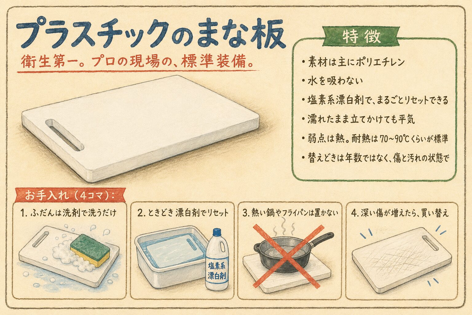 プラスチックまな板の特徴とお手入れをまとめたカタログ風イラスト(主にポリエチレン・漂白可・熱に弱い)