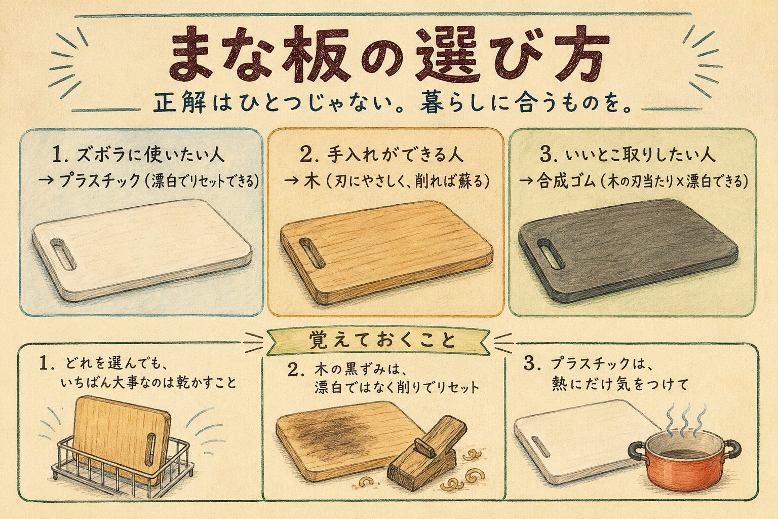 まな板の選び方まとめカード(ズボラならプラスチック・手入れできるなら木・いいとこ取りは合成ゴム、覚えておくこと3つ)