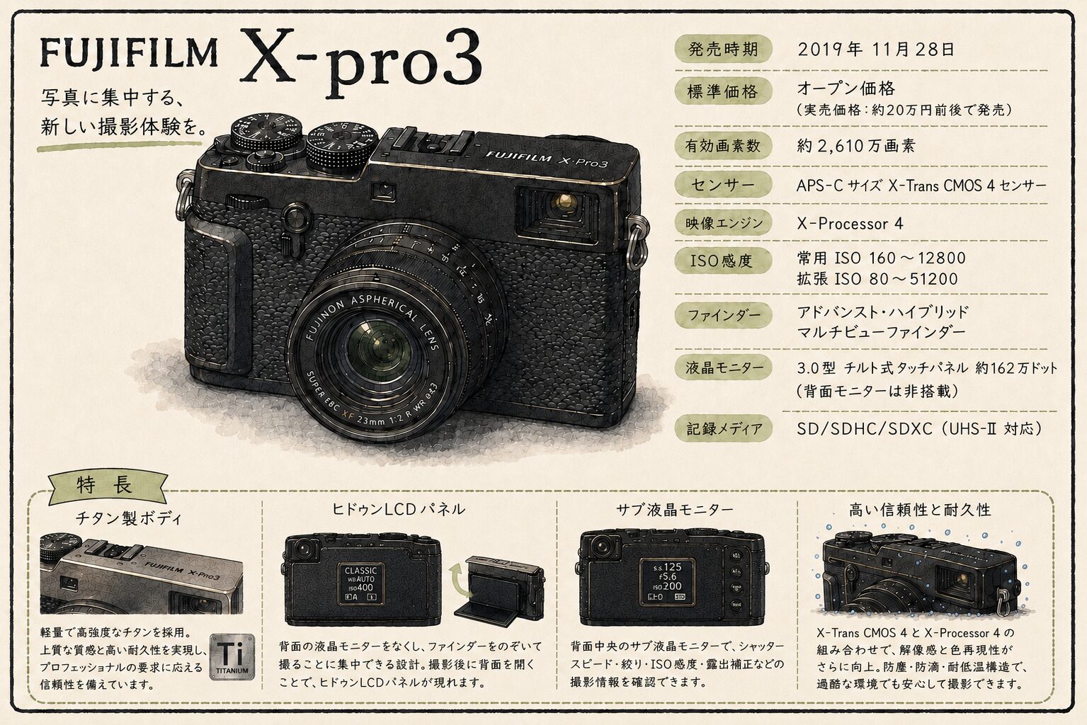 富士フイルムX-Pro3のカタログ風イラスト（2019年）