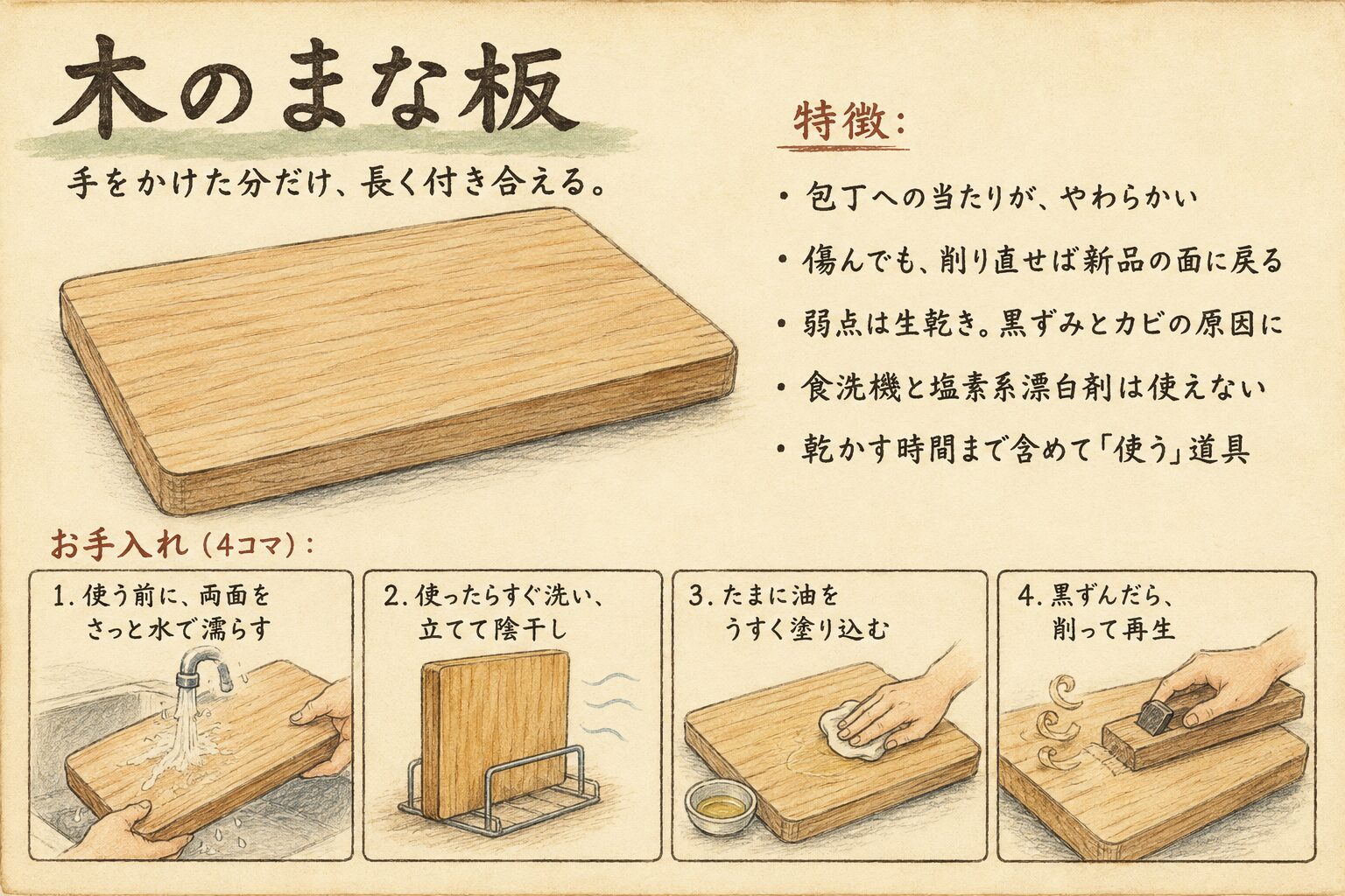 木のまな板の特徴とお手入れをまとめたカタログ風イラスト(刃当たり・削り直し・陰干し・油)