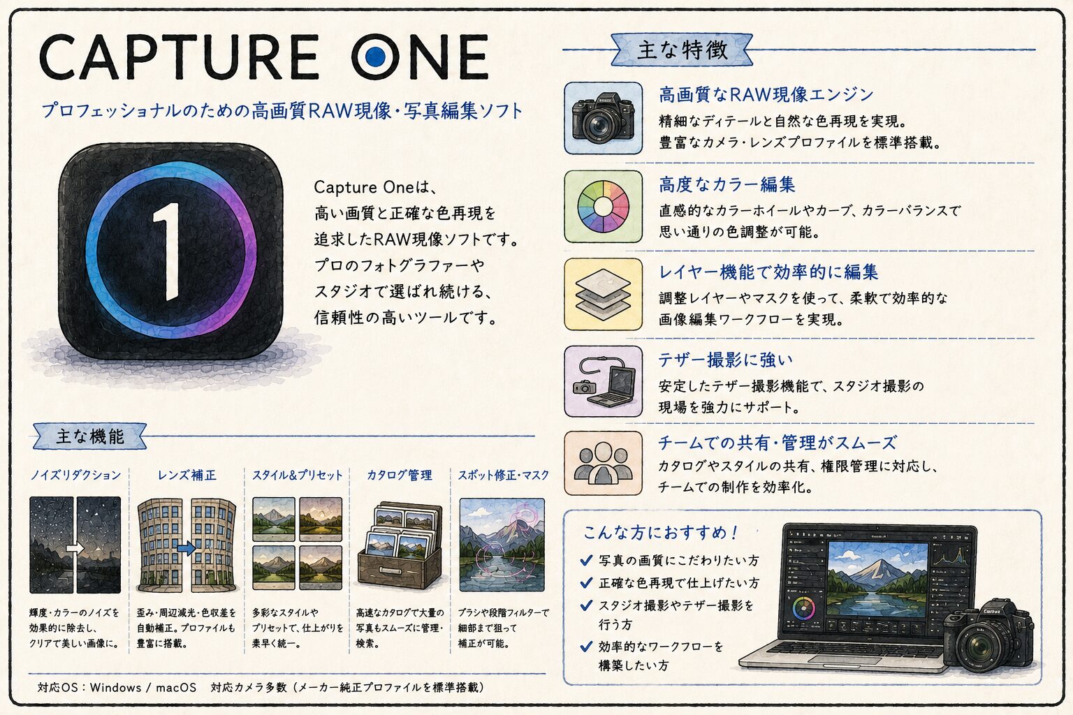 Capture Oneの特徴をまとめたカタログ風イラスト