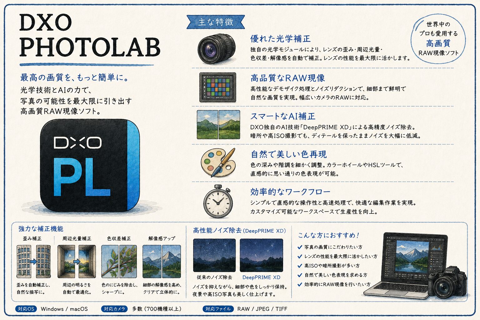 DxO PhotoLabの特徴をまとめたカタログ風イラスト