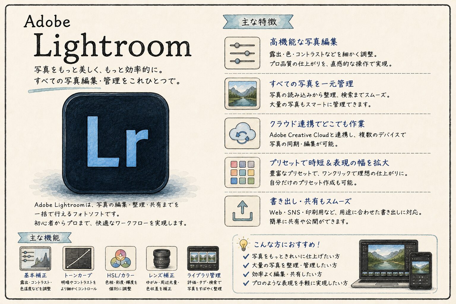 Adobe Lightroomの特徴をまとめたカタログ風イラスト