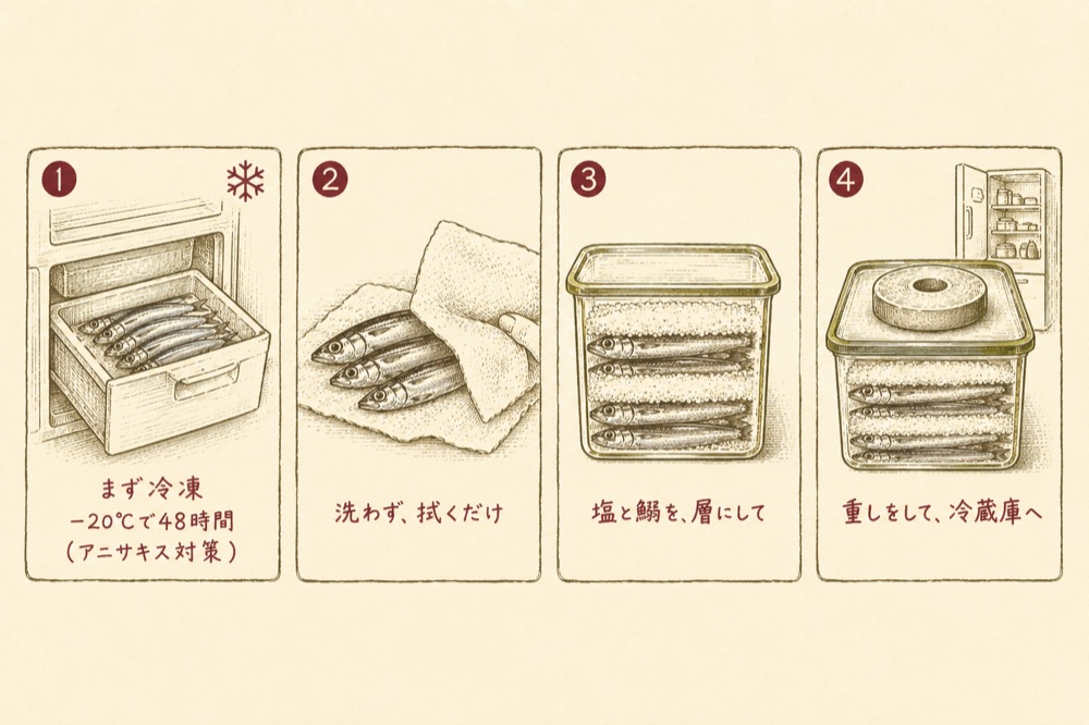 仕込み4コマ。まず冷凍48時間、洗わず拭く、塩と層に、重しをして冷蔵庫へ