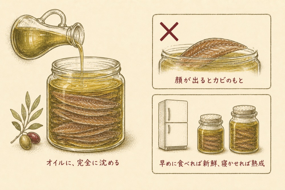 オイル漬け。完全に沈める。早めに食べれば新鮮、寝かせれば熟成