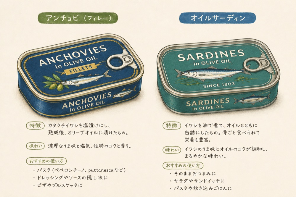 アンチョビとオイルサーディンの違い。アンチョビは塩漬け熟成の調味料、オイルサーディンは油で煮たおかず