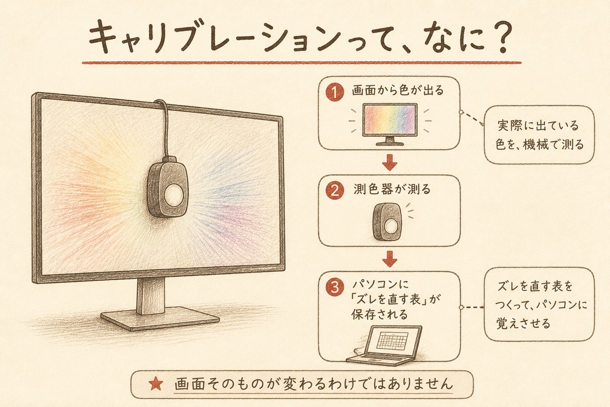 キャリブレーションの手順の図解。画面から色が出る、測色器が測る、パソコンにズレを直す表が保存される