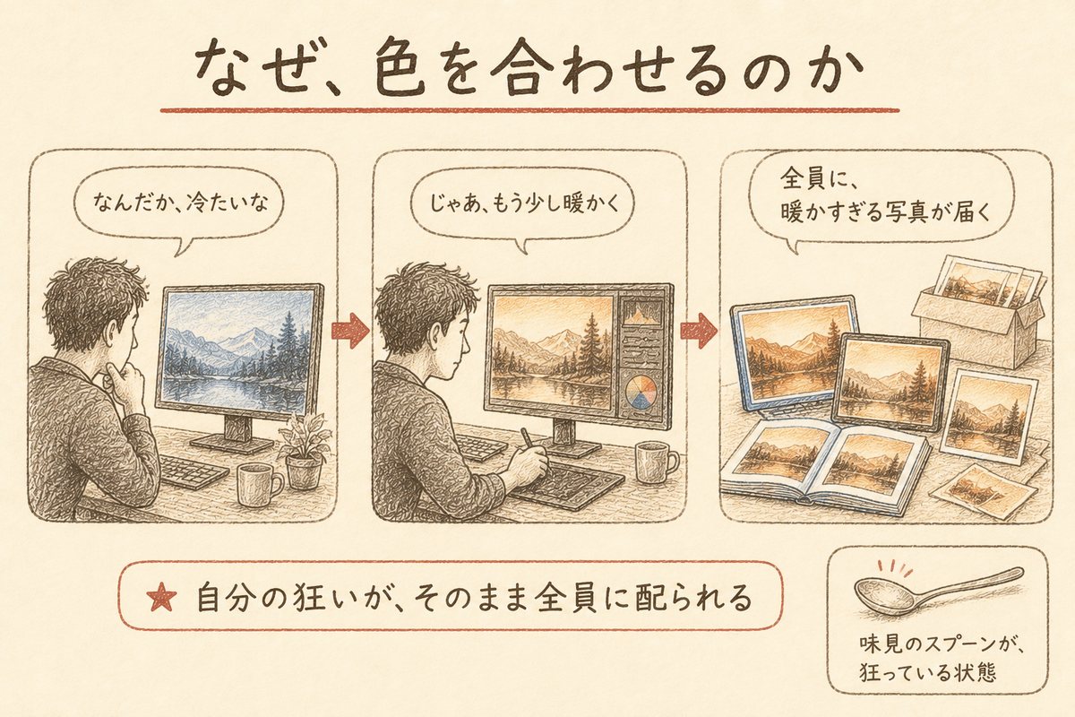 3コマの図解。青く転んだ画面を見て暖かく補正すると、世に出た写真が全員にとって暖かすぎるものになる