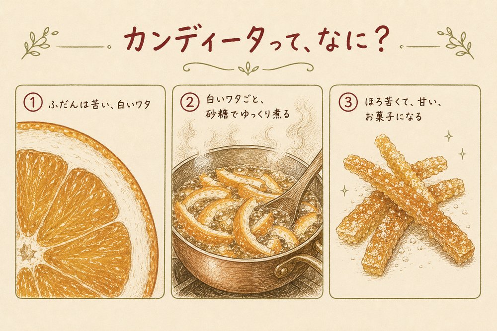 カンディータ（柑橘の皮の砂糖漬け）のつくり方。ふだん苦い白いワタごと砂糖で煮ると、ほろ苦くて甘いお菓子になる