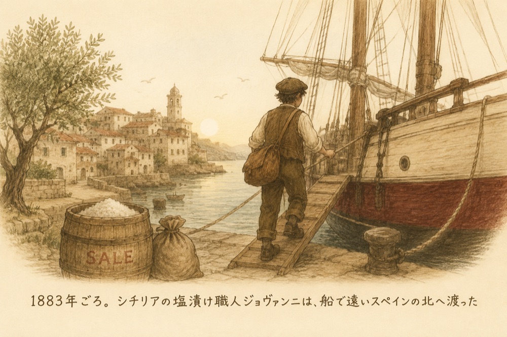 絵本カンタブリア物語1。1883年ごろ、シチリアの塩漬け職人ジョヴァンニが船でスペイン北部へ渡る
