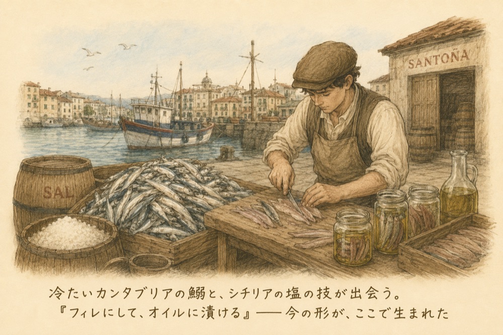 絵本カンタブリア物語2。サントーニャの港で、フィレにしてオイルに漬ける今の形が生まれる