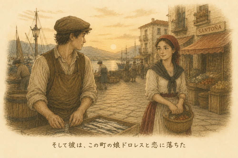 絵本カンタブリア物語3。ジョヴァンニと町の娘ドロレスの出会い