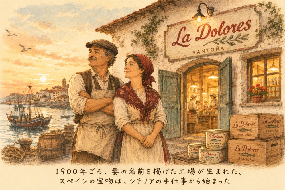 絵本カンタブリア物語4。1900年ごろ、妻の名前を掲げた工場ラ・ドロレスが生まれた