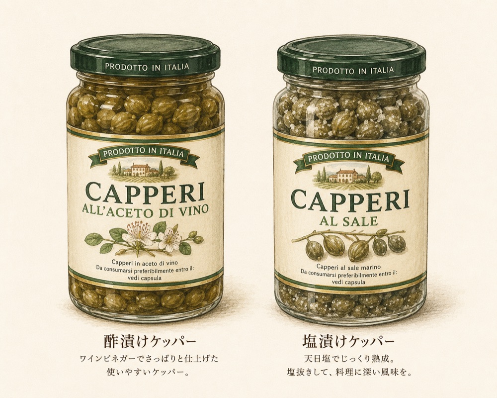 ケッパーの酢漬けと塩漬けの比較イラスト