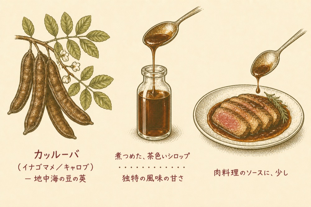 カッルーバ（イナゴマメ／キャロブ）の図解。地中海の豆の莢、煮つめた茶色いシロップ、肉料理のソースに少し