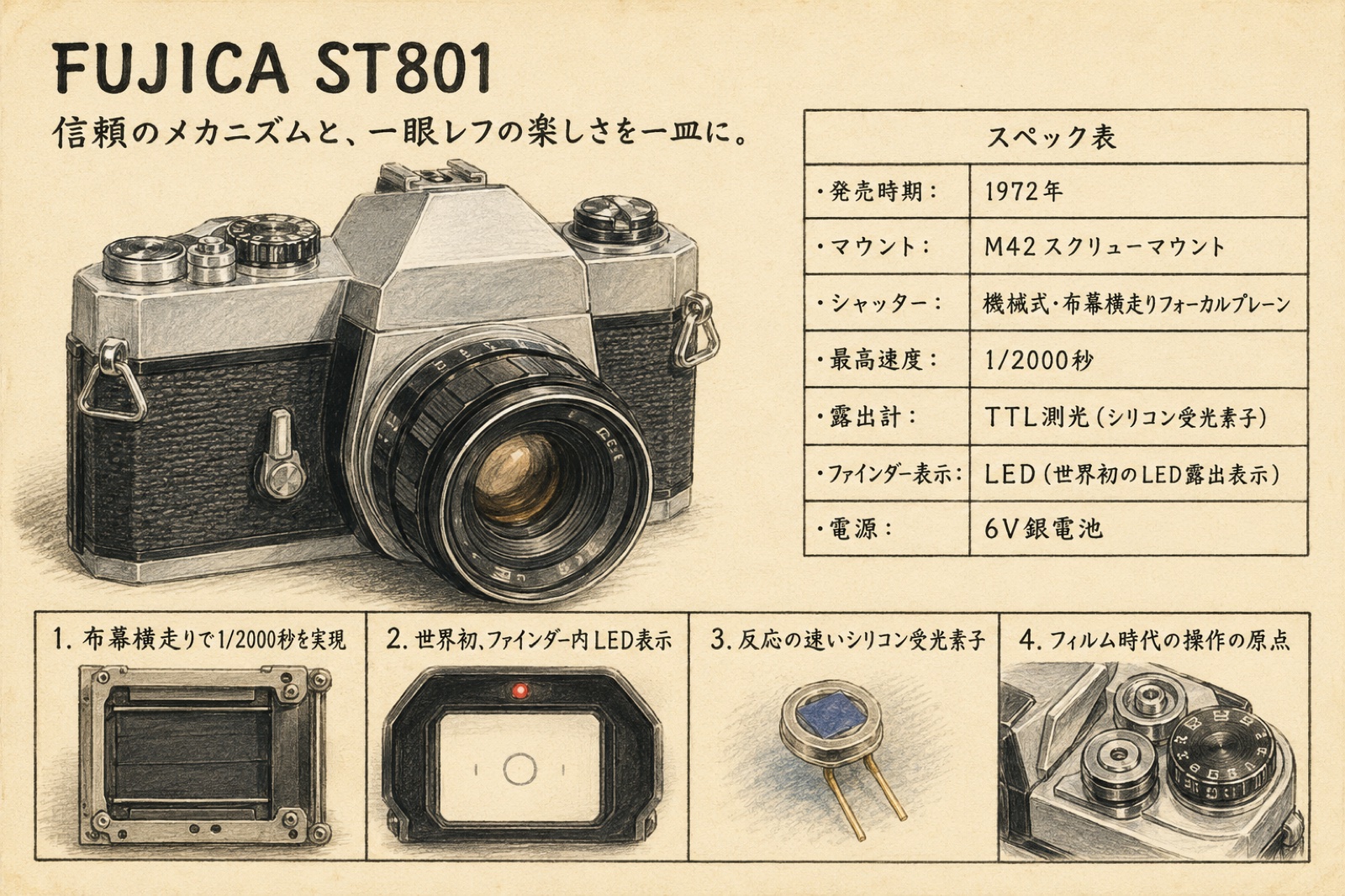 FUJICA ST801のカタログ風イラスト（1974年・フィルム一眼レフ）