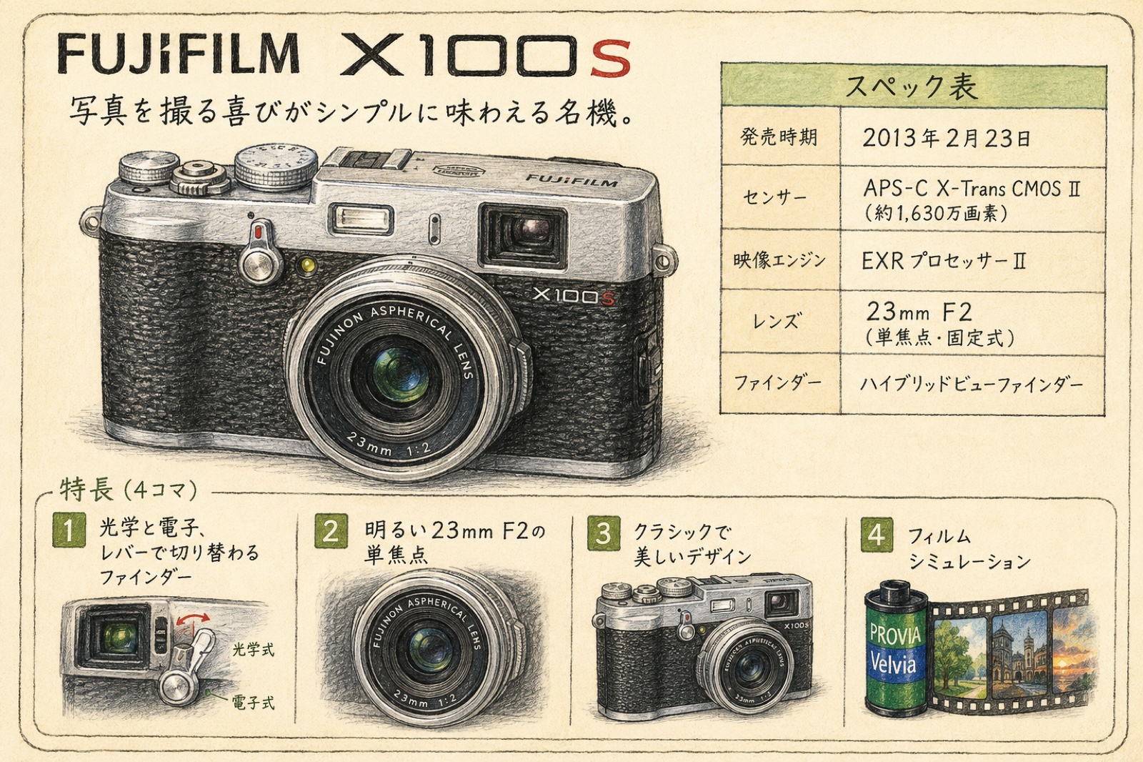 富士フイルムX100Sのカタログ風イラスト（2013年）