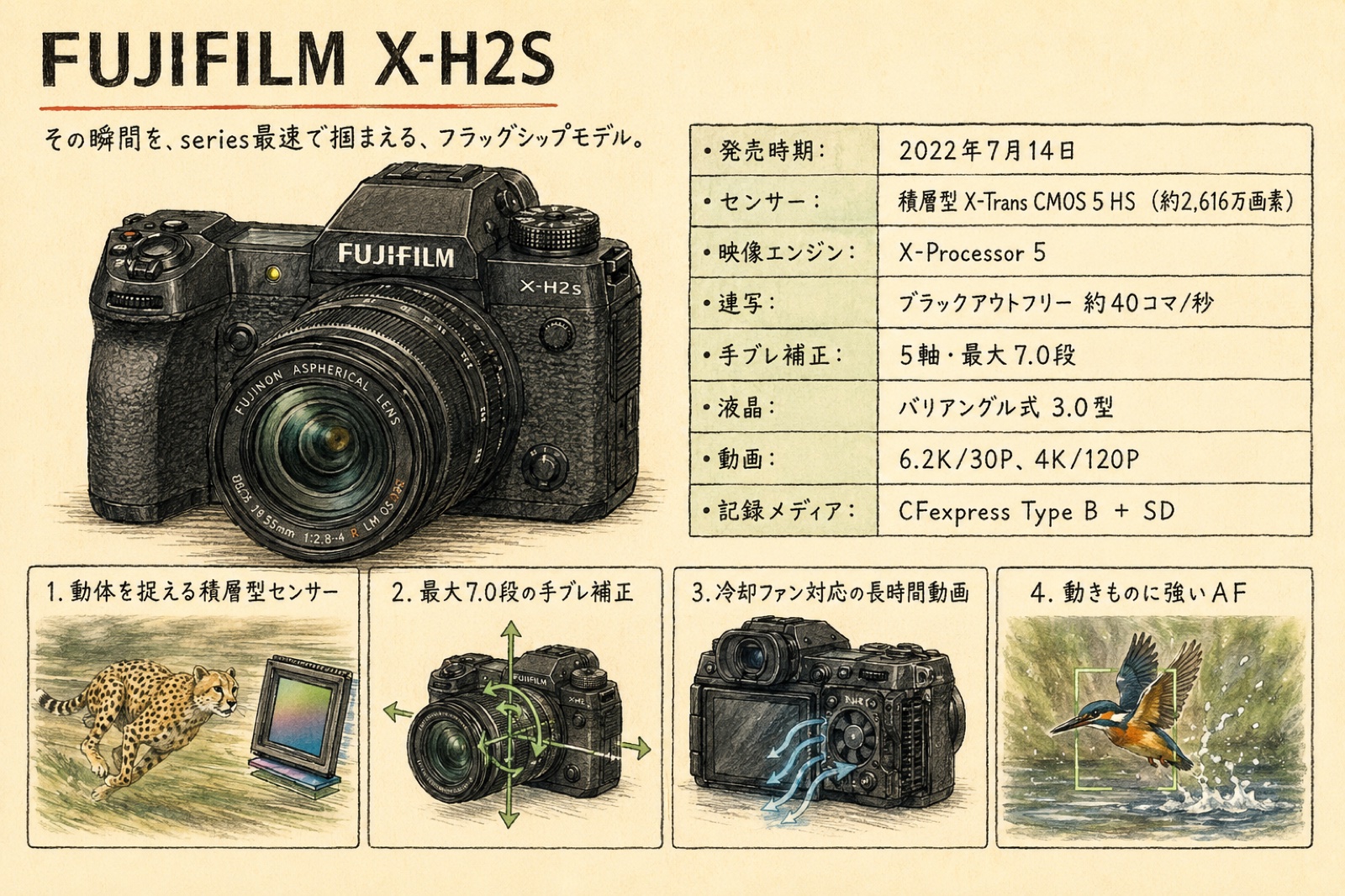 富士フイルムX-H2Sのカタログ風イラスト（2022年）