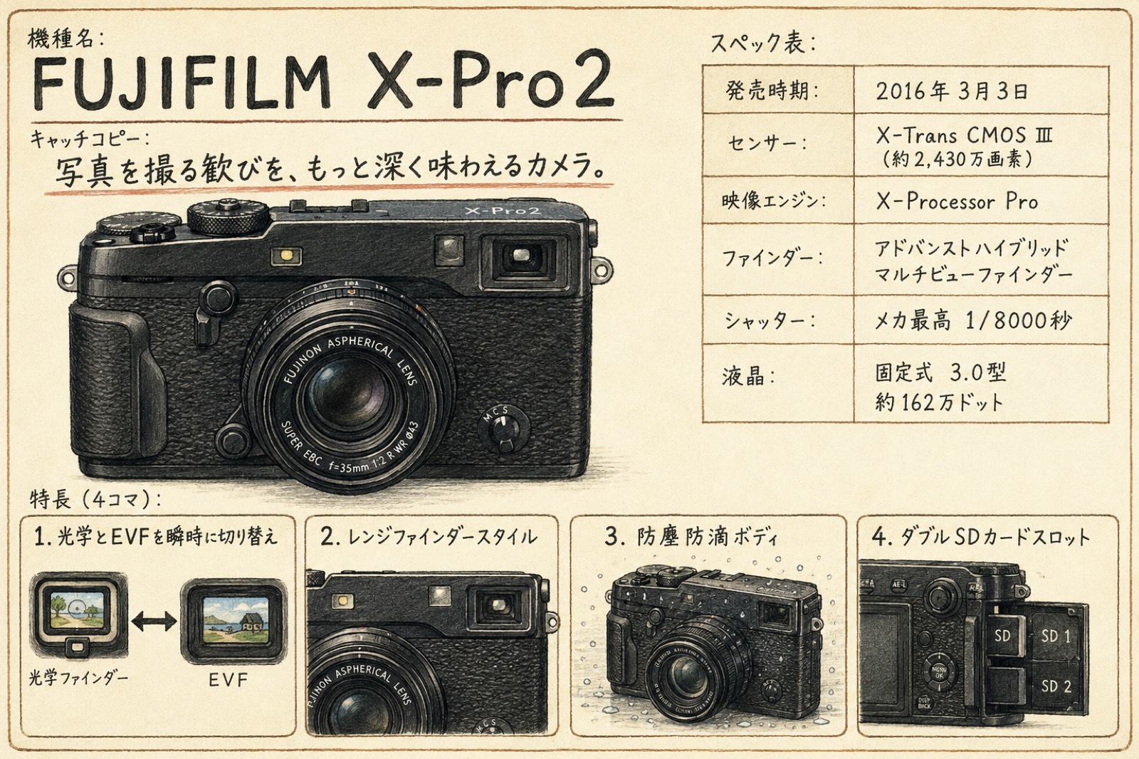 富士フイルムX-Pro2のカタログ風イラスト（2016年）