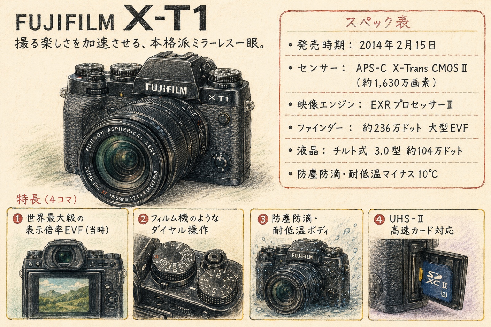 富士フイルムX-T1のカタログ風イラスト（2014年・ミラーレス一眼）