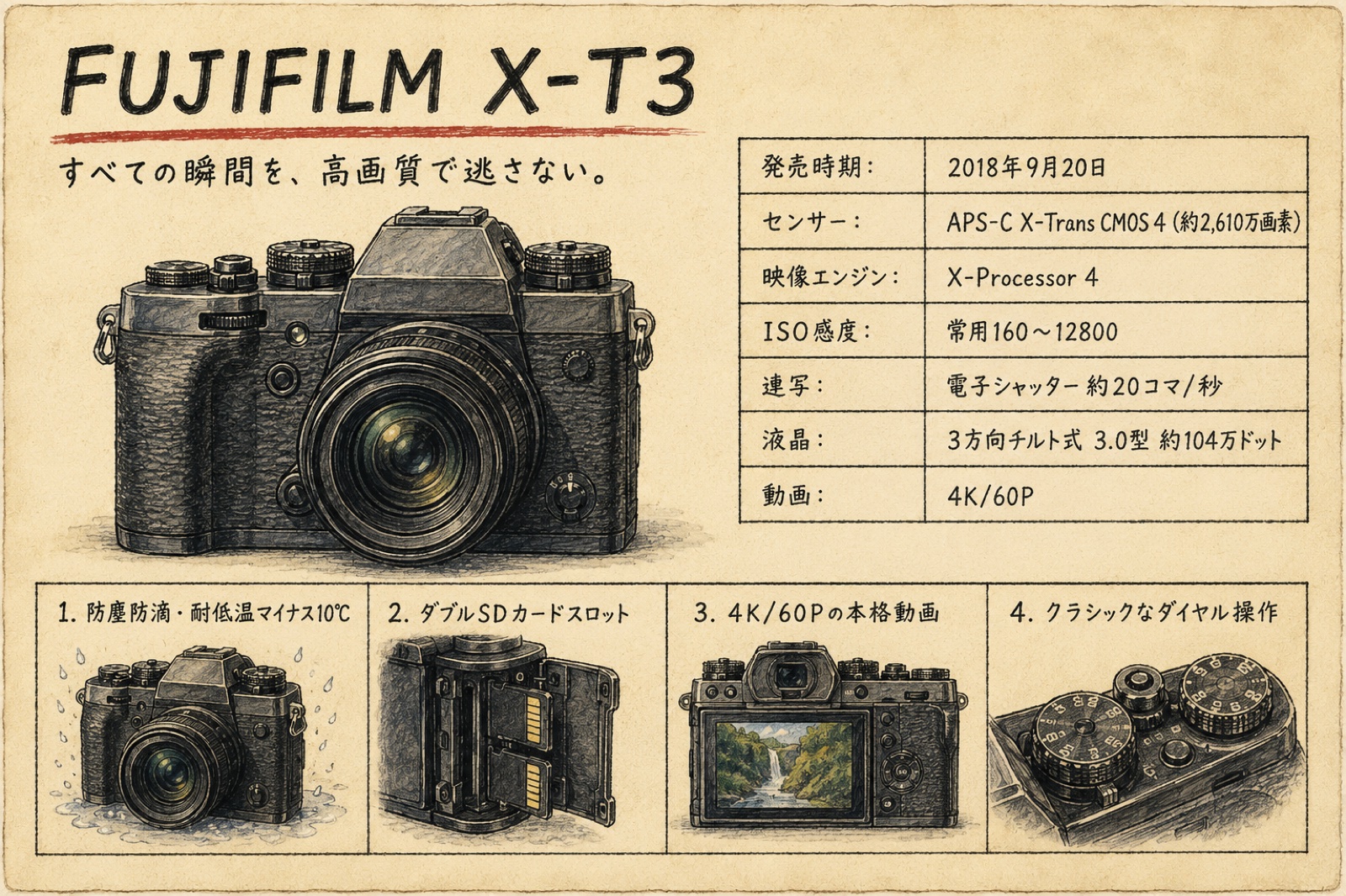 富士フイルムX-T3のカタログ風イラスト（2018年）