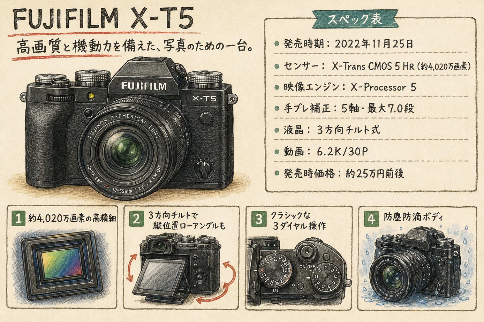 富士フイルムX-T5のカタログ風イラスト（2022年）
