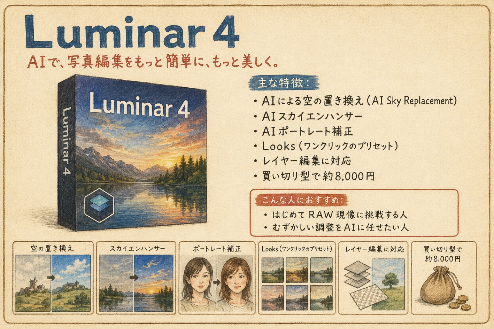 Luminar 4の特徴をまとめたカタログ風イラスト