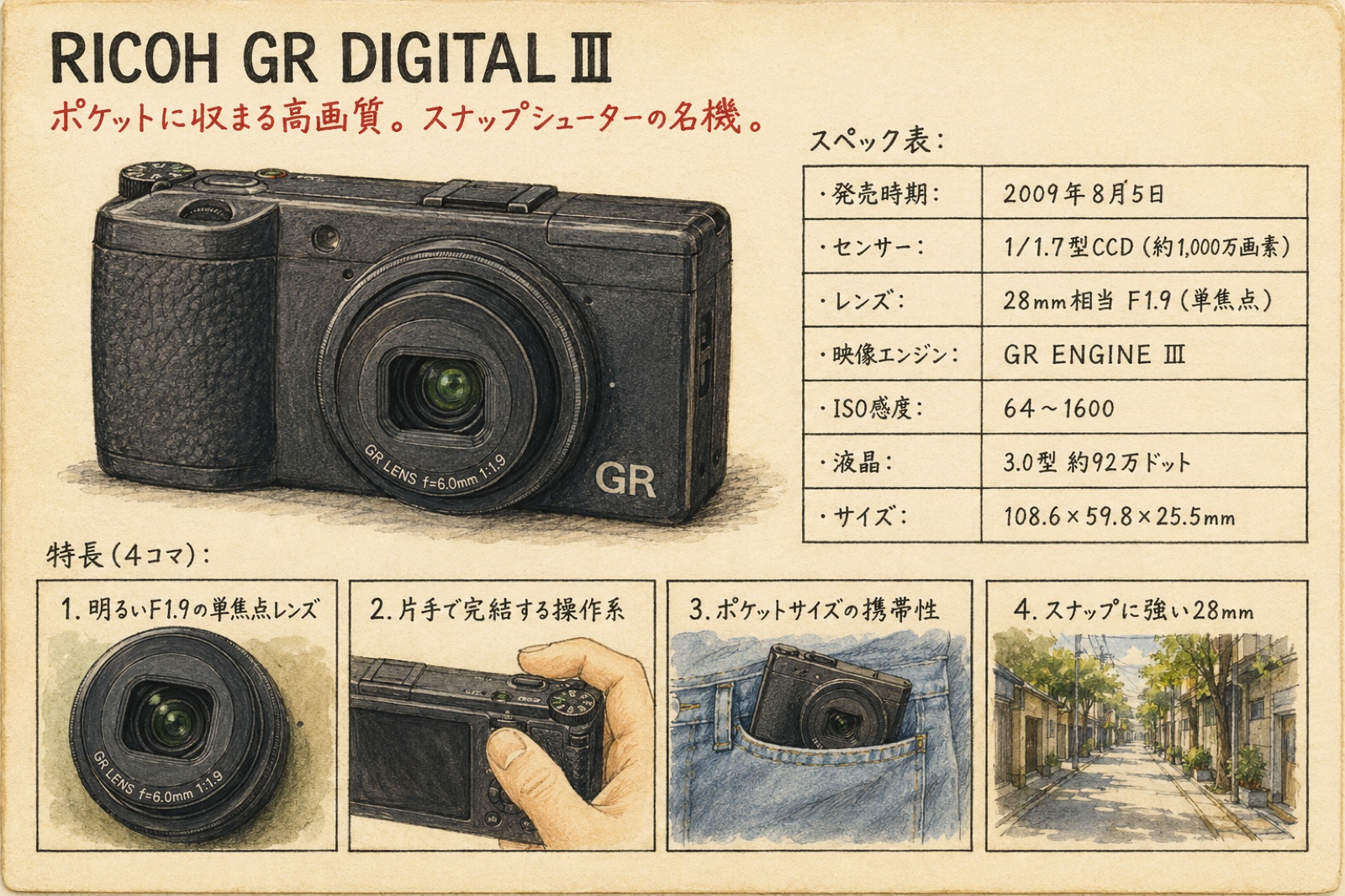 リコーGR Digital IIIのカタログ風イラスト（2009年・コンパクトデジタルカメラ）
