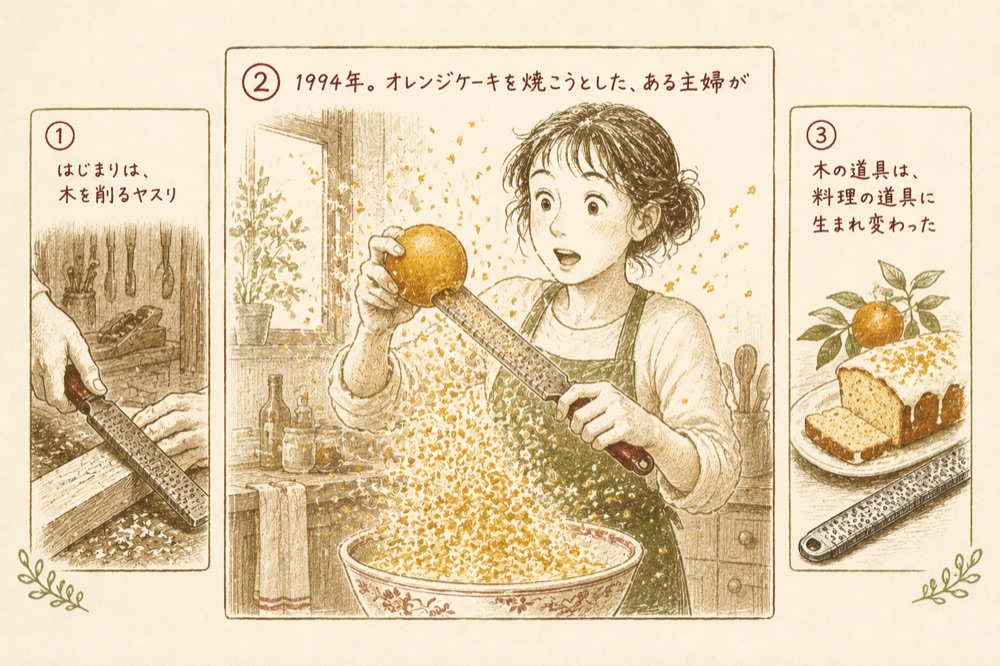 マイクロプレーン誕生の絵本風イラスト。木工ヤスリが、1994年のオレンジケーキをきっかけに料理道具に生まれ変わった