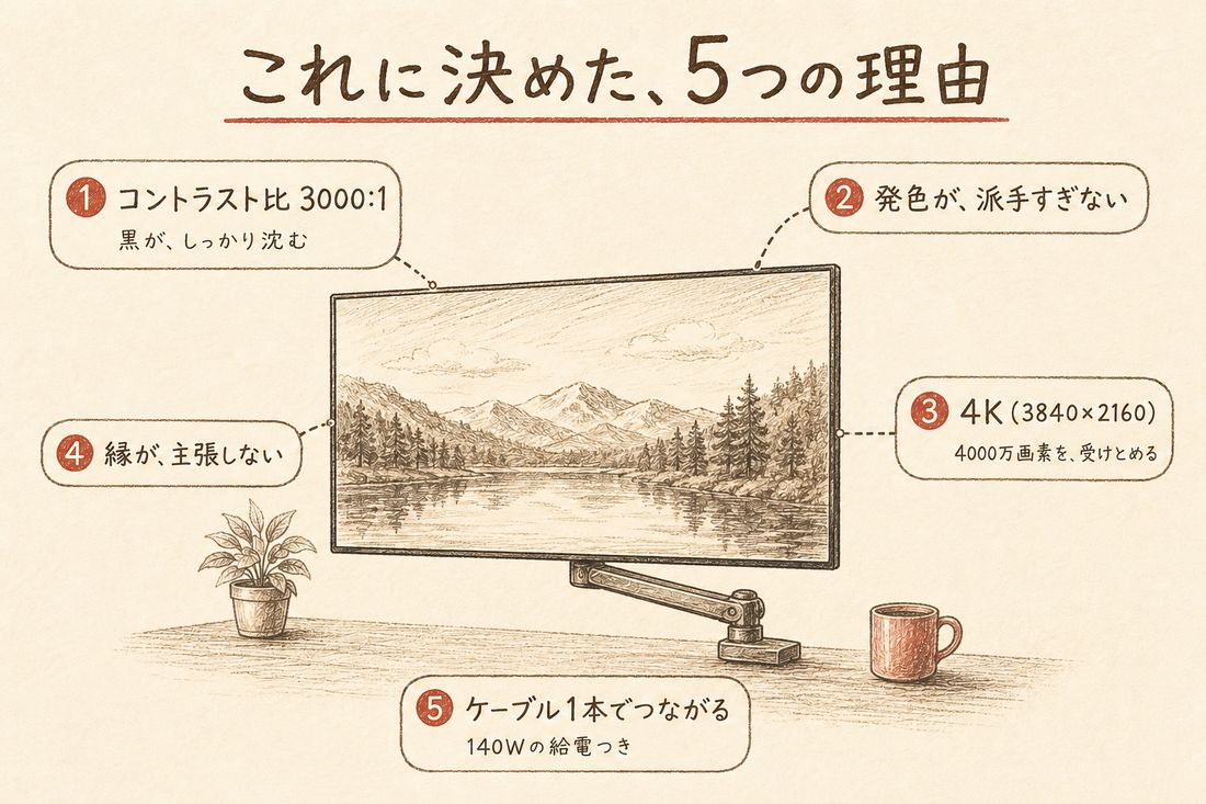 モニターと5つの吹き出しの図解。コントラスト比3000対1、発色が派手すぎない、4K、縁が主張しない、ケーブル1本でつながる。モニターはアームで支えられている