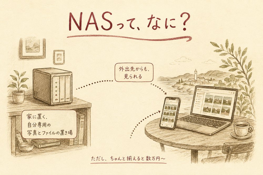 NASとは何かの図解。家に置く自分専用の写真とファイルの置き場で、外出先からも見られる。ちゃんと揃えると数万円から