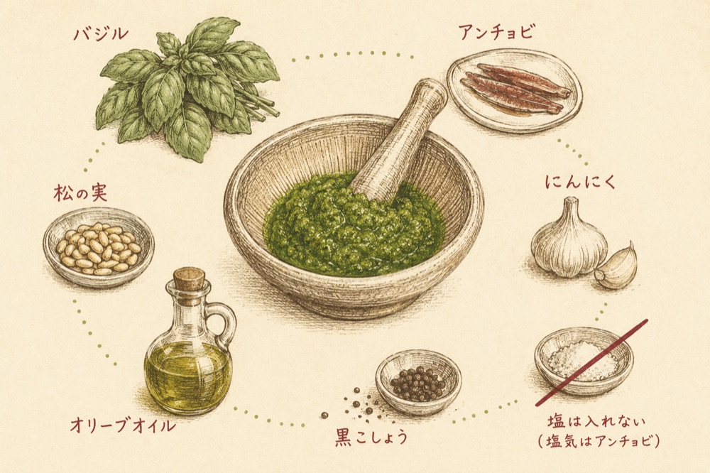 ペスト・ジェノヴェーゼの材料図解。塩は入れない