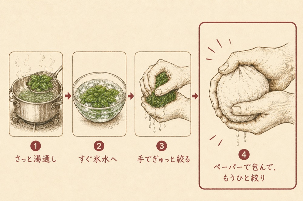 バジルの下ごしらえ4コマ
