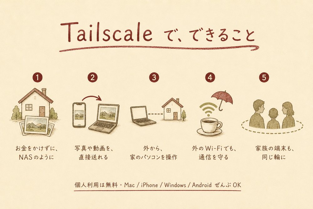 Tailscaleでできることのまとめ図解。お金をかけずにNASのように、写真や動画を直接送れる、外から家のパソコンを操作、外のWi-Fiでも通信を守る、家族の端末も同じ輪に