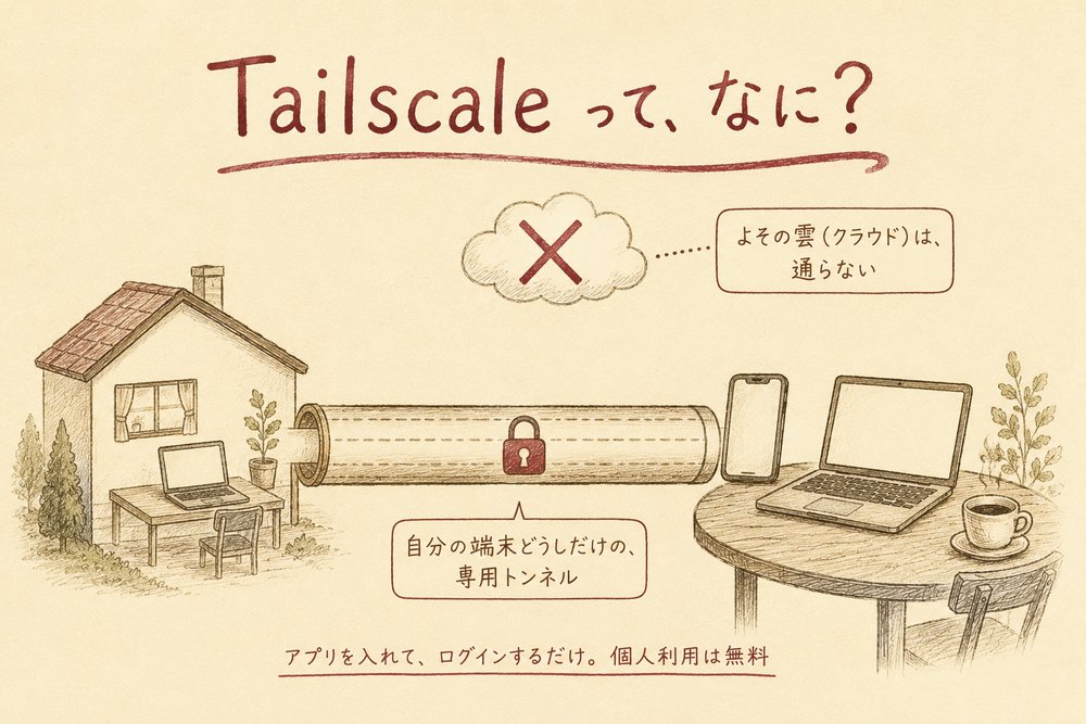 Tailscaleとは何かの図解。家のパソコンと外出先のiPhoneやノートパソコンが、鍵のかかった専用トンネルで直接つながり、よそのクラウドは通らない