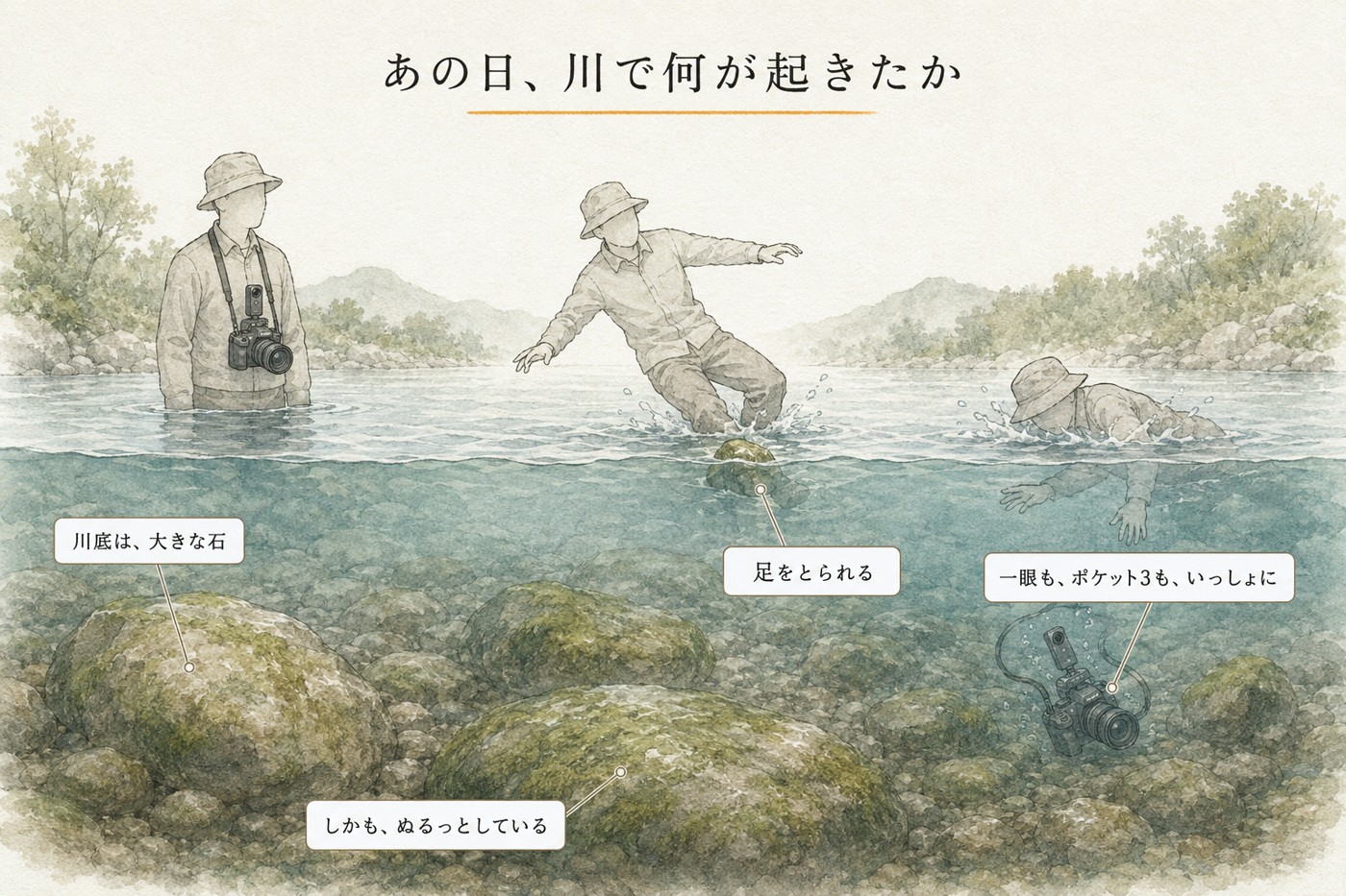 川で転んだ日の図解。腰まで浸かって撮影→苔のついた石で足をとられる→カメラごと水に沈む、の3場面