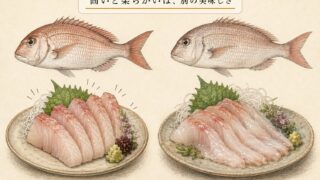 固いと柔らかいは、別の美味しさ（獲れたてと熟成の対比図）