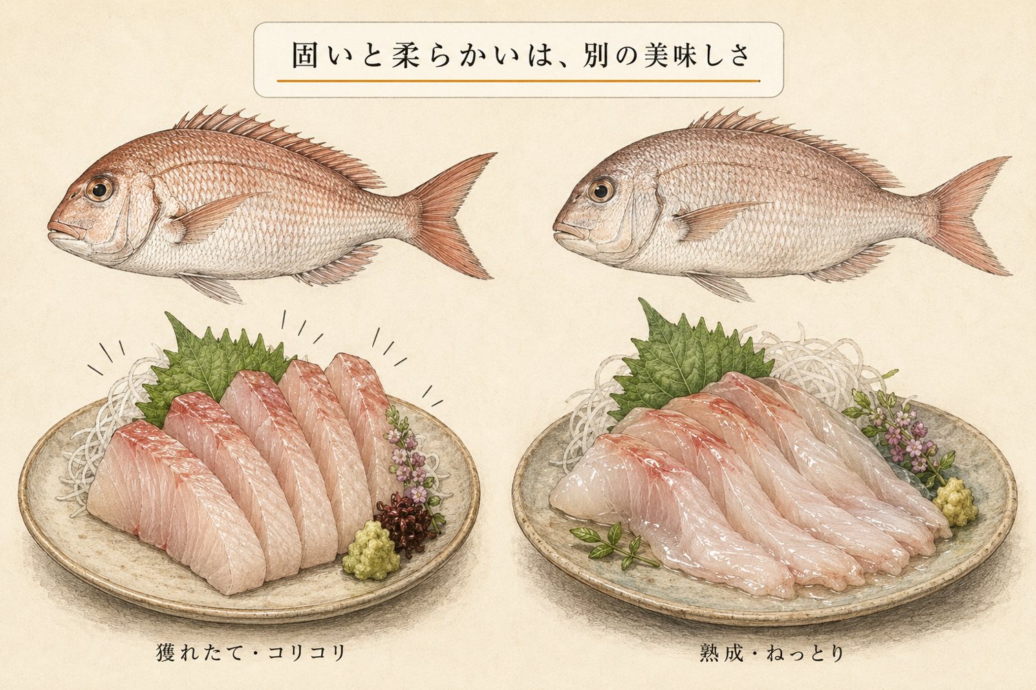 固いと柔らかいは、別の美味しさ(獲れたてと熟成の対比図)