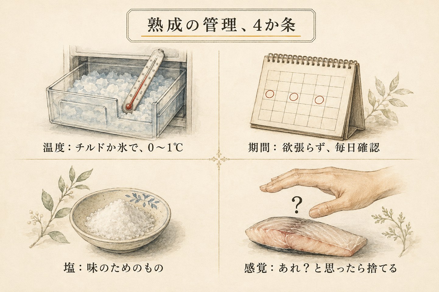 熟成の管理、4か条(まとめ図解)