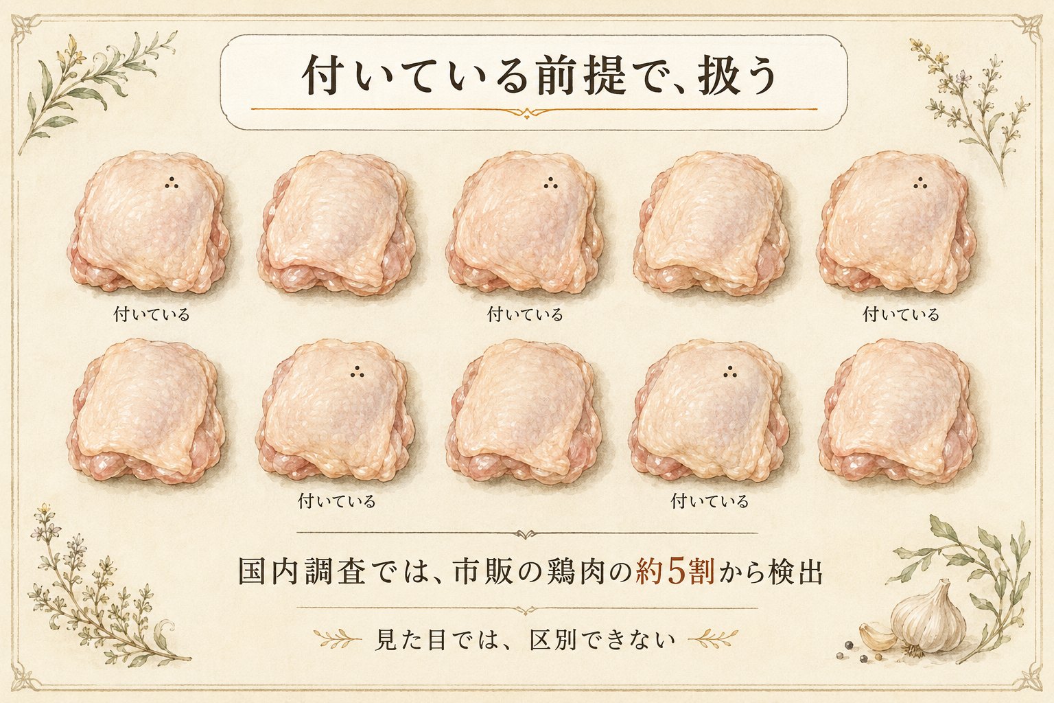10個の鶏肉のうち約半分に「付いている」の印。国内調査では市販の鶏肉の約5割から検出。見た目では区別できない