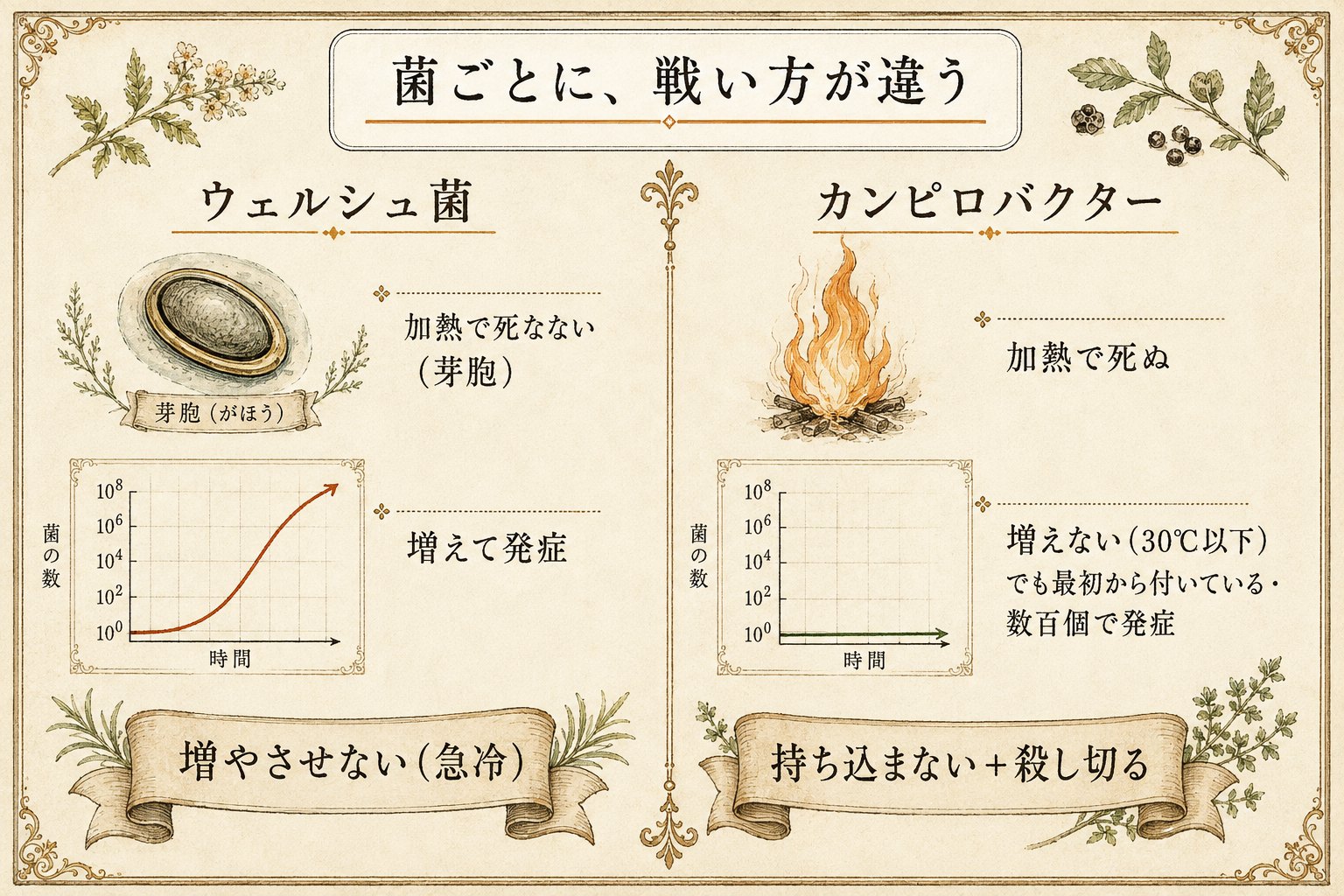 ウェルシュ菌とカンピロバクターの対比。ウェルシュは芽胞で死なないが増えて発症、カンピロは加熱で死ぬが最初から付いていて数百個で発症