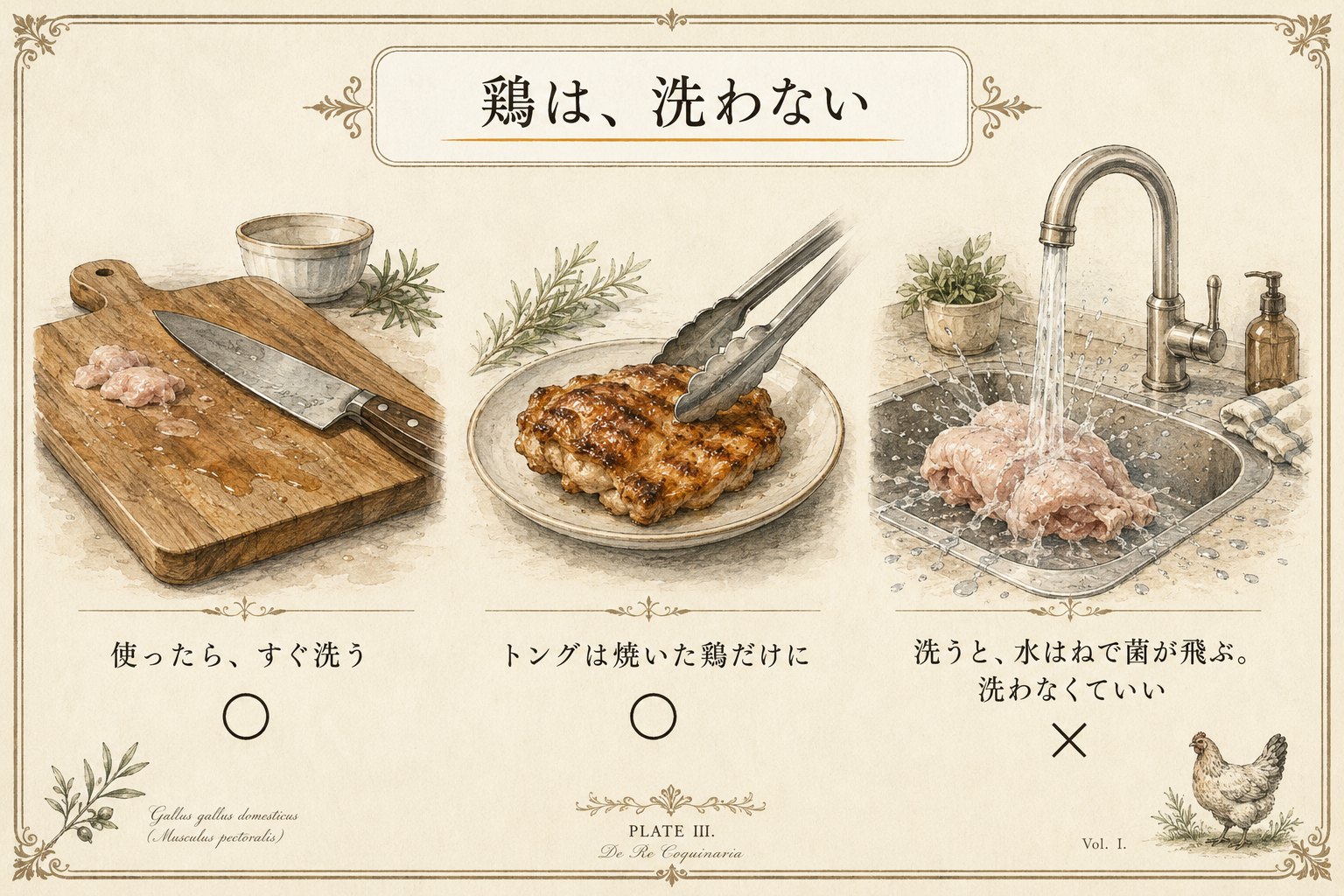 まな板はすぐ洗う、トングは焼いた鶏だけ、鶏は洗わない(水はねで菌が飛ぶ)の図