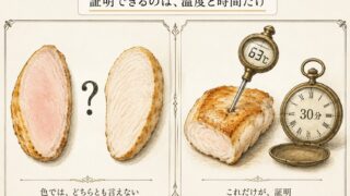 ピンクと白の鶏胸は色ではどちらとも言えない。証明できるのは63℃の芯温計と30分の時計だけ