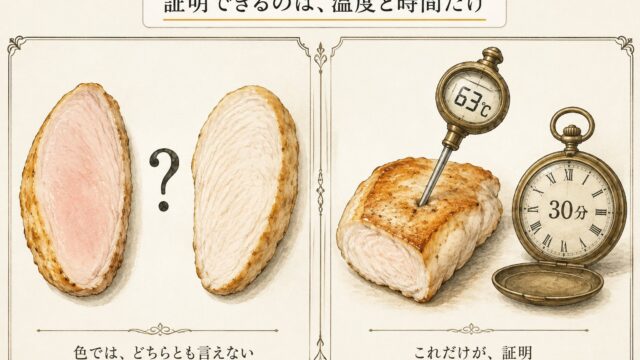 ピンクと白の鶏胸は色ではどちらとも言えない。証明できるのは63℃の芯温計と30分の時計だけ