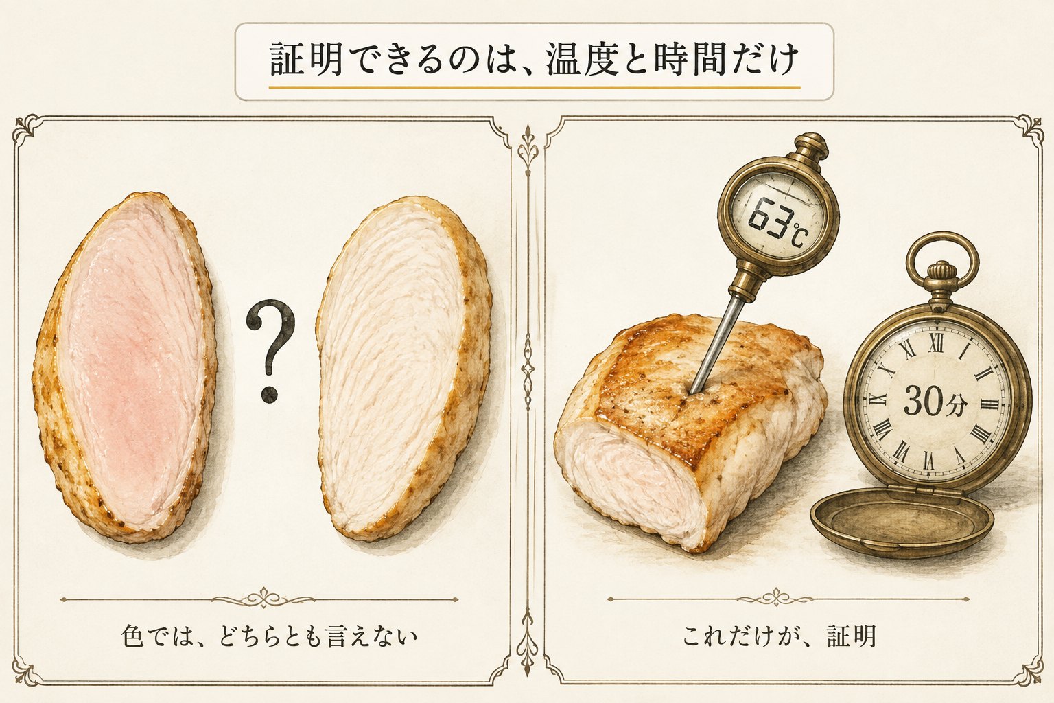 ピンクと白の鶏胸は色ではどちらとも言えない。証明できるのは63℃の芯温計と30分の時計だけ