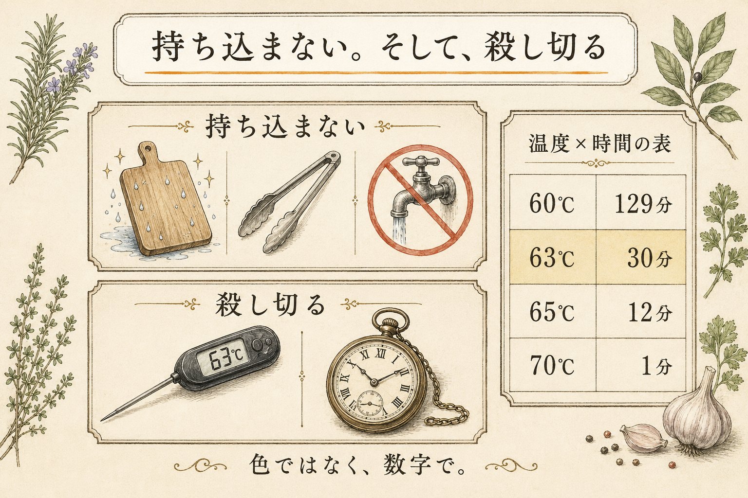 持ち込まない(まな板・トング・鶏は洗わない)と殺し切る(63℃30分などの温度×時間)の二本立てのまとめ図