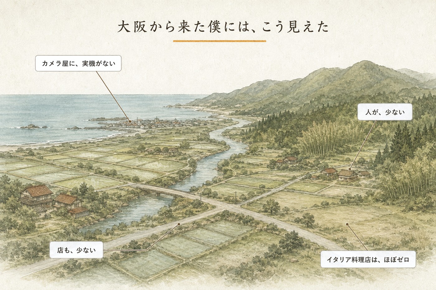 島根の風景の図解。大阪から来た目には、人が少ない・店が少ない・イタリア料理店はほぼゼロ