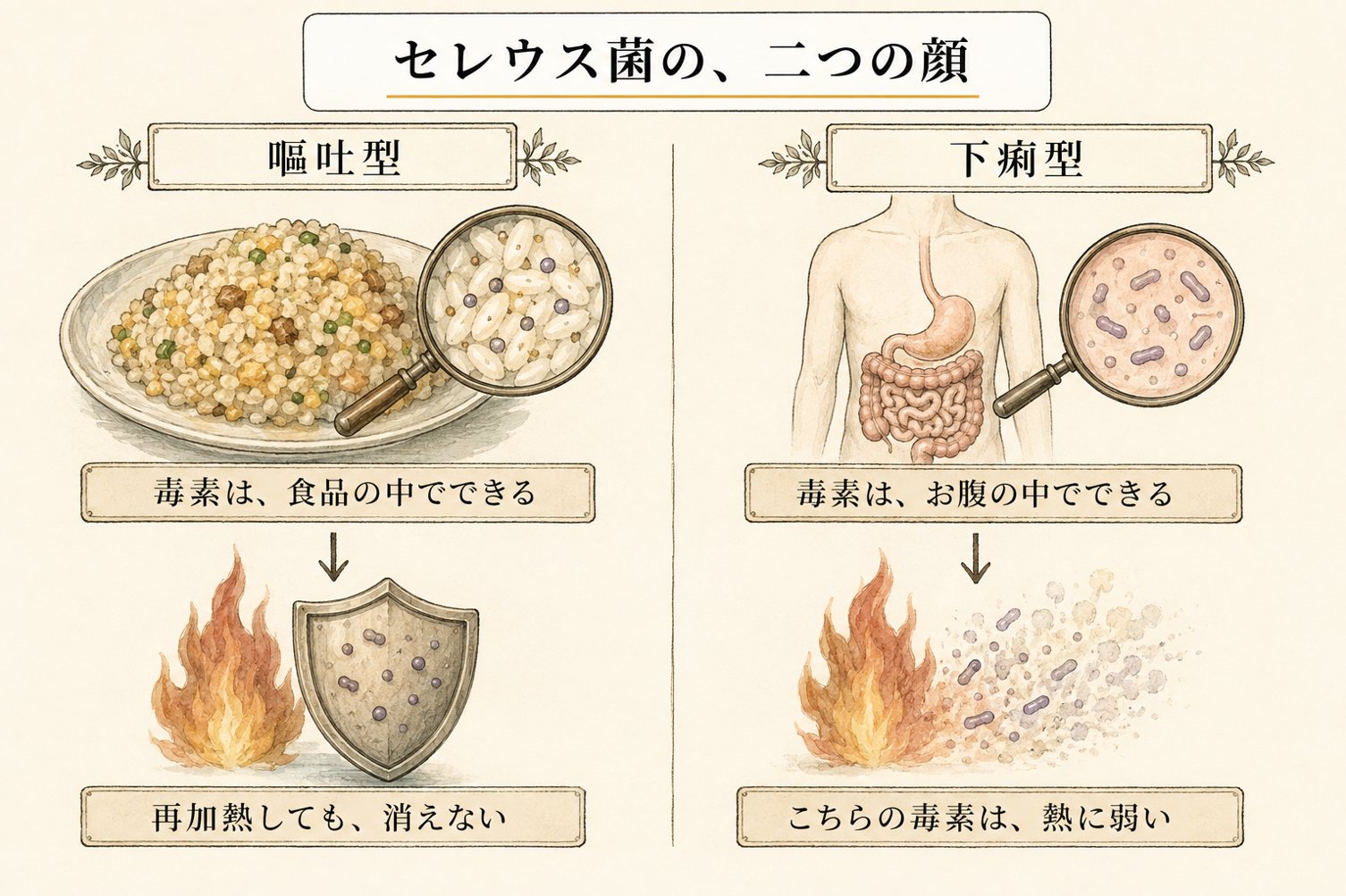 セレウス菌の二つの顔(嘔吐型と下痢型の対比図解)