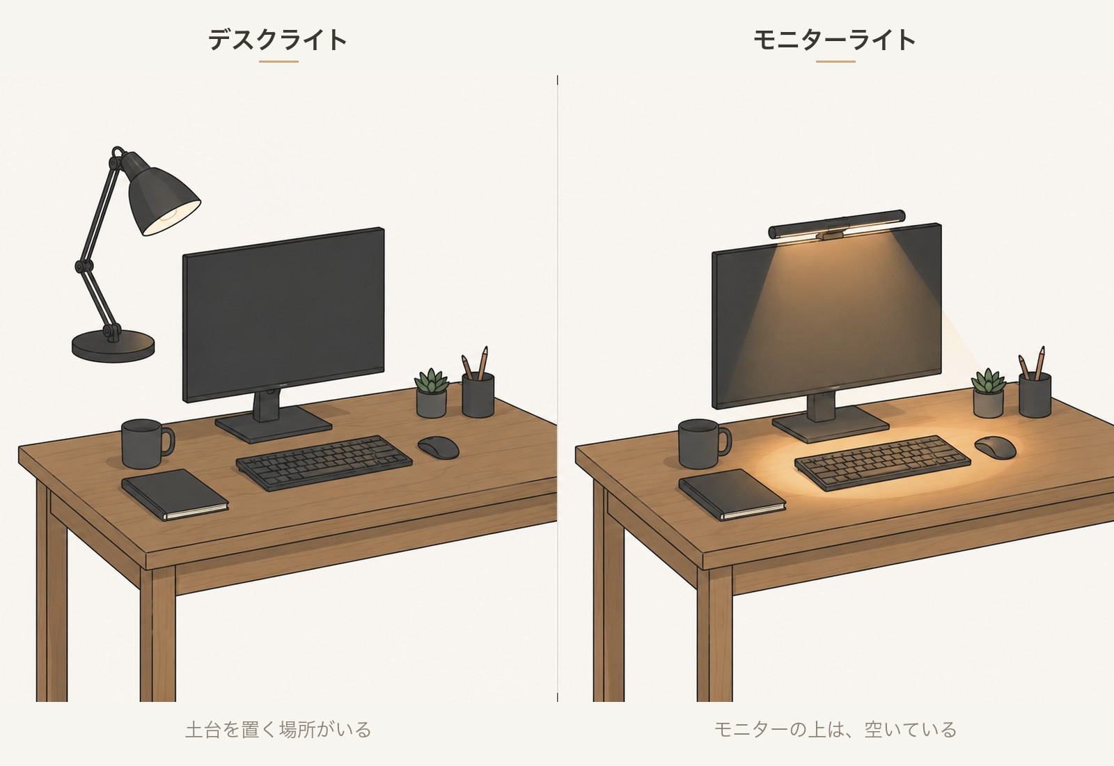 デスクライトとモニターライトの置き場所の違いを示した図解